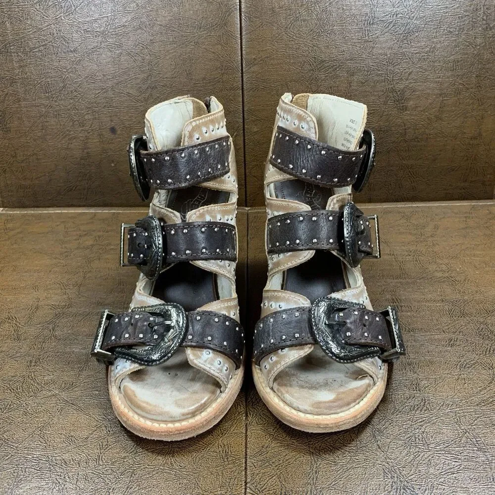Freebird By Steven Violet Taupe Brown Leather Buckle Studded Sandals Women’s 6